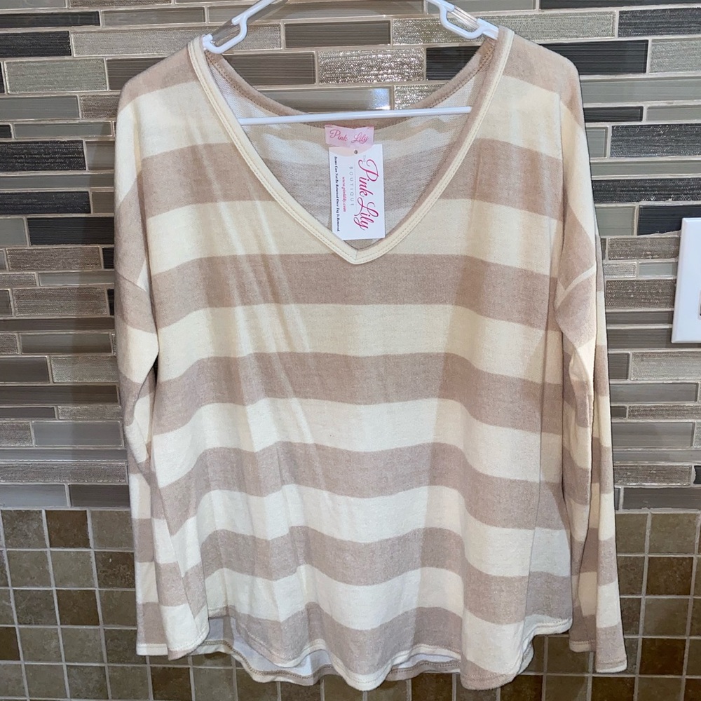 SOLD A Weekend Away Beige Striped Pullover